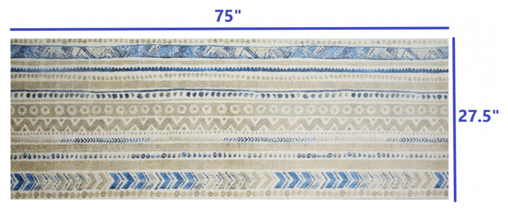 2' x 6' Blue and Taupe Tribal Washable Runner Rug