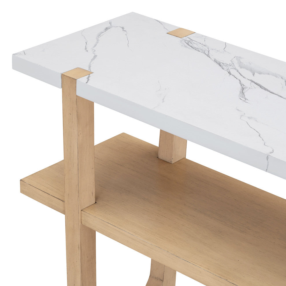 TATEUS Narrow Console Table with Marble-Effect Top for Entryway and Living Room, Natural