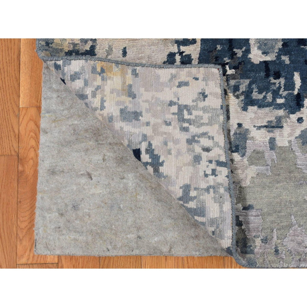 Arsenic Gray Hand Knotted Erased Circles Design Wool and Silk Rug 9'3"x12'