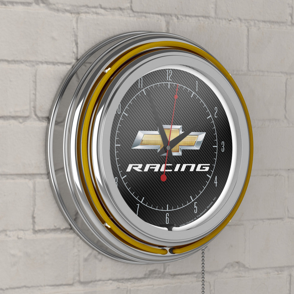 Chevrolet Chrome Double Rung Neon Clock, Chevy Racing
