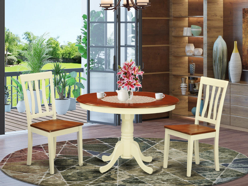 3 Pc Set, Round Dinette Table, 2 Wood Kitchen Chairs, Buttermilk, Cherry .