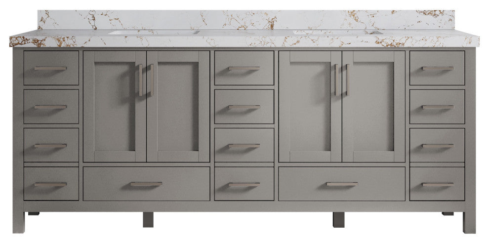 Malibu 84 Double Sink Bath Vanity in Elephant Skin Gray 2" Viola Gold