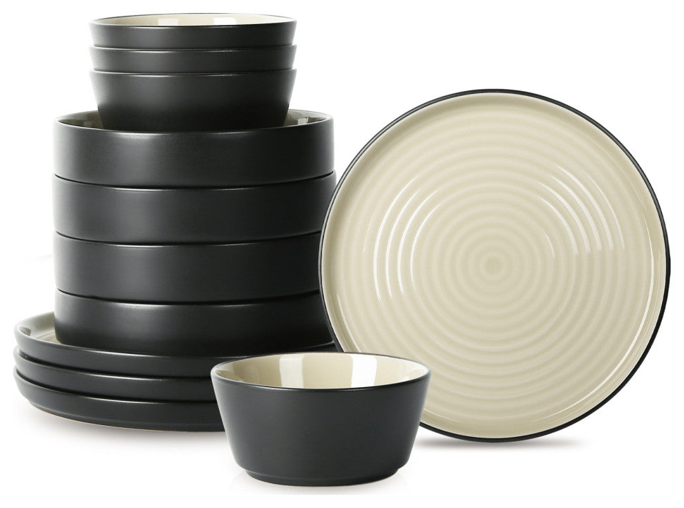Stone Lain Elica Stoneware 12 Piece Dinnerware Set, Beige and Black