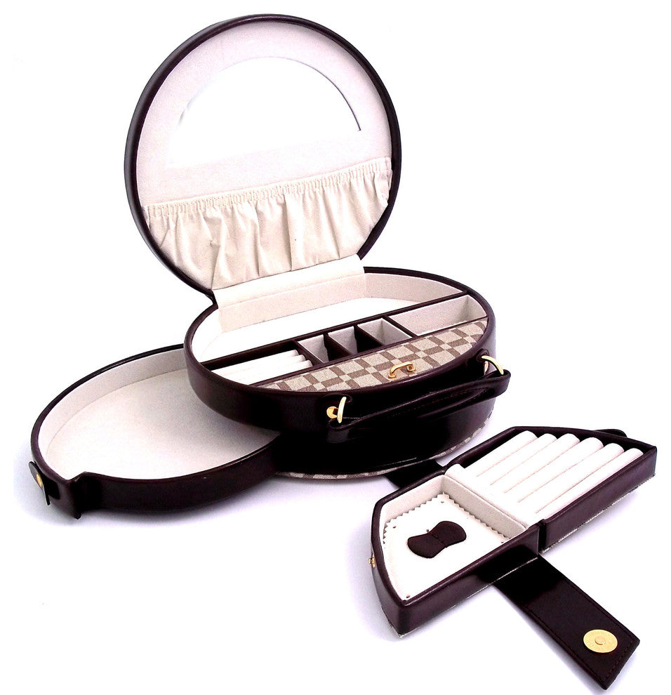 Two-Tone Brown Leather and Cloth Jewelry Box