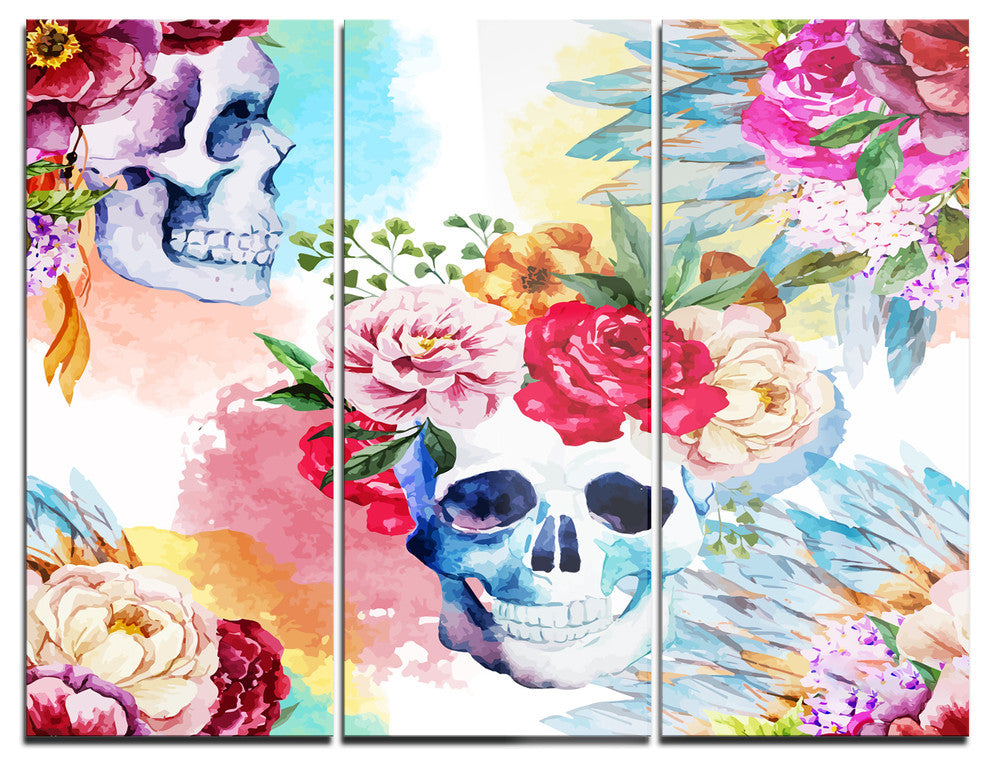 "Ethnic Skull With Flowers" Glossy Metal Wall Art, 3 Panels, 36"x28"