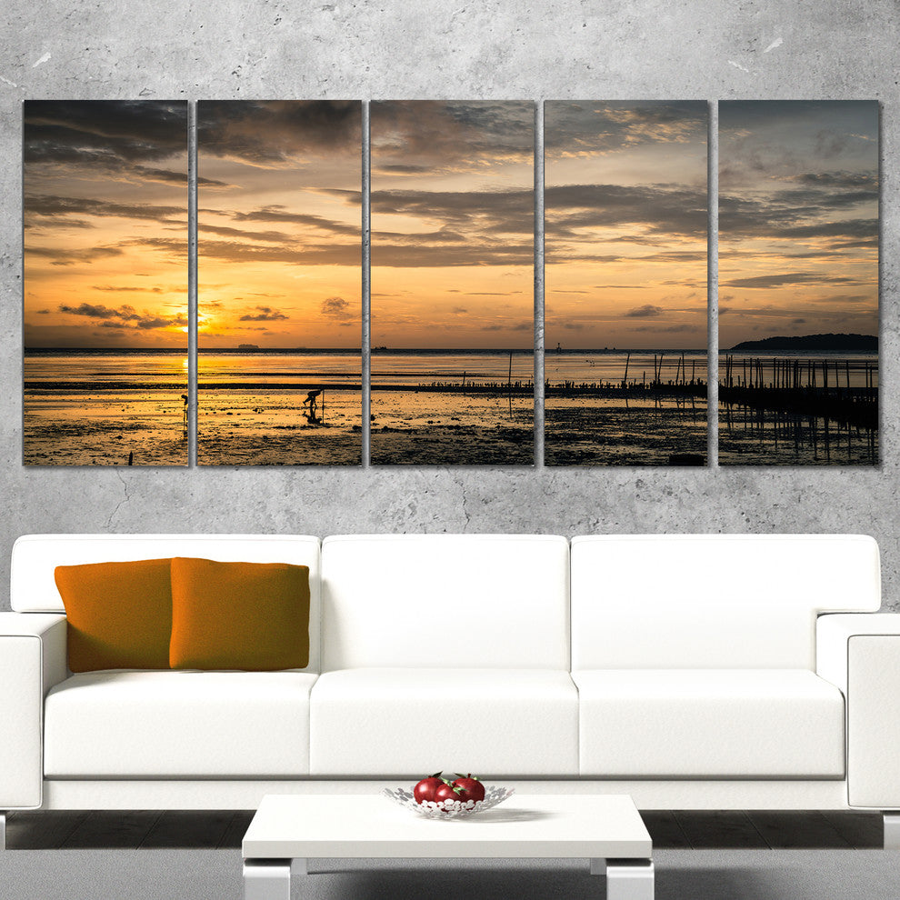 Dawn at Seaside during Low Tide, Modern Seashore Canvas Art, 60"x28", 5 Panels