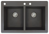 Radius 33" silQ Granite Drop-in Double Bowl Kitchen Sink with 3 Holes in Black