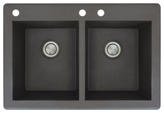 Radius 33" silQ Granite Drop-in Double Bowl Kitchen Sink with 3 Holes in Black