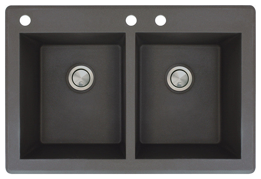 Radius 33" silQ Granite Drop-in Double Bowl Kitchen Sink with 3 Holes in Black