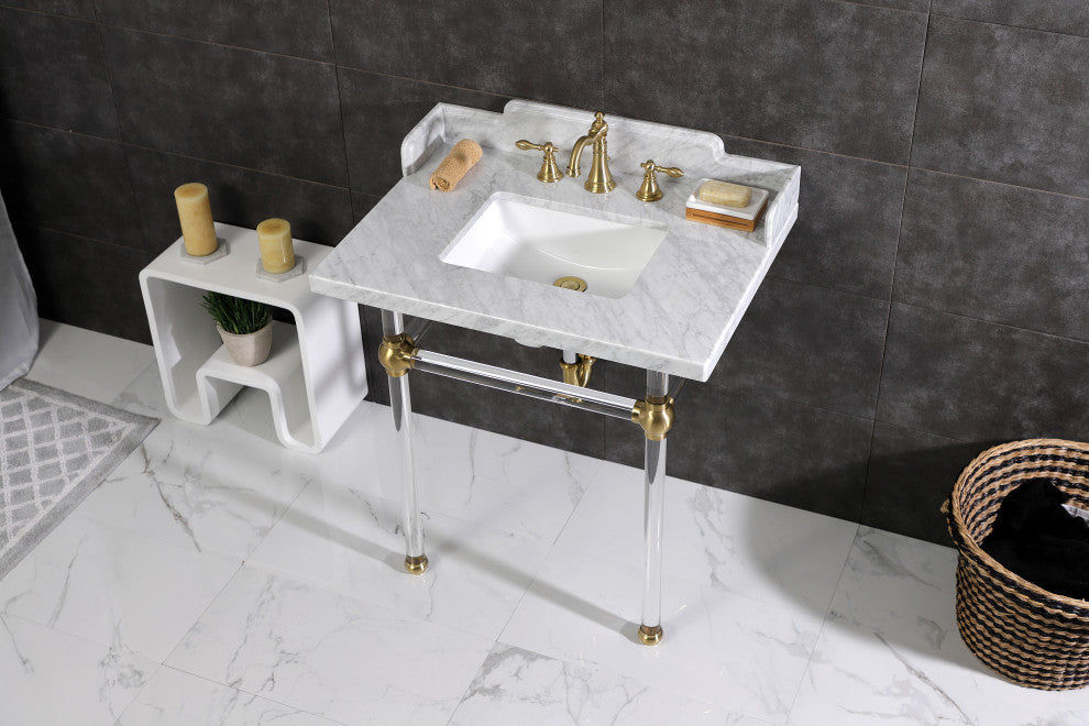 Kingston Brass LMS3030MASQ7 30" Carrara Marble Console Sink, Acrylic Legs