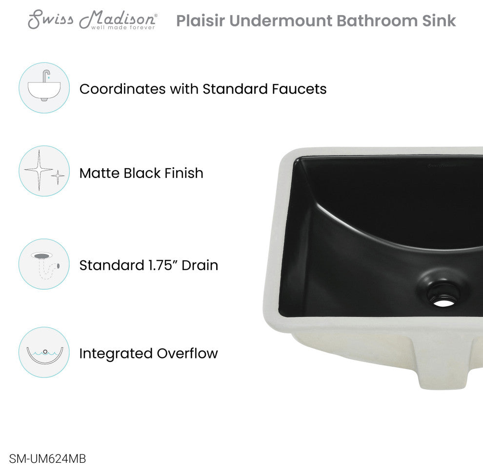 Plaisir 18.5" Rectangle Undermount Bathroom Sink, Matte Black