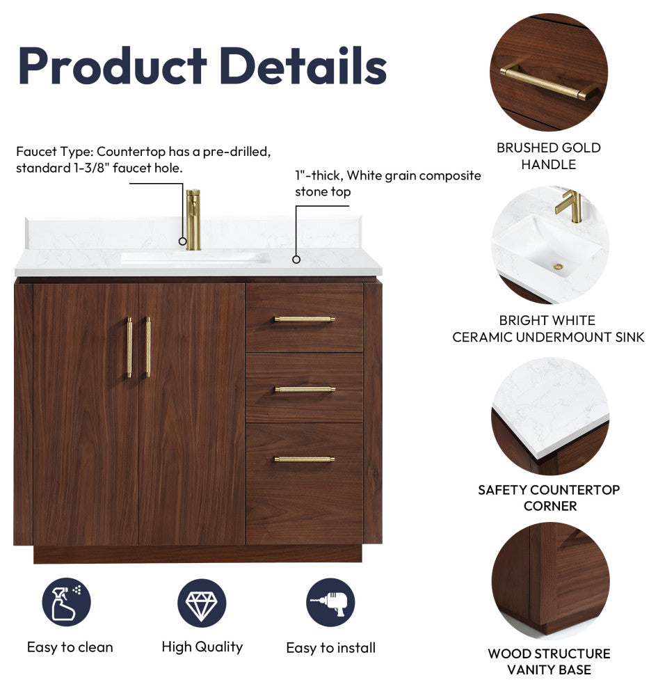 San Bath Vanity with Stone Top, Natural Walnut, 42", Single Vanity, No Mirror