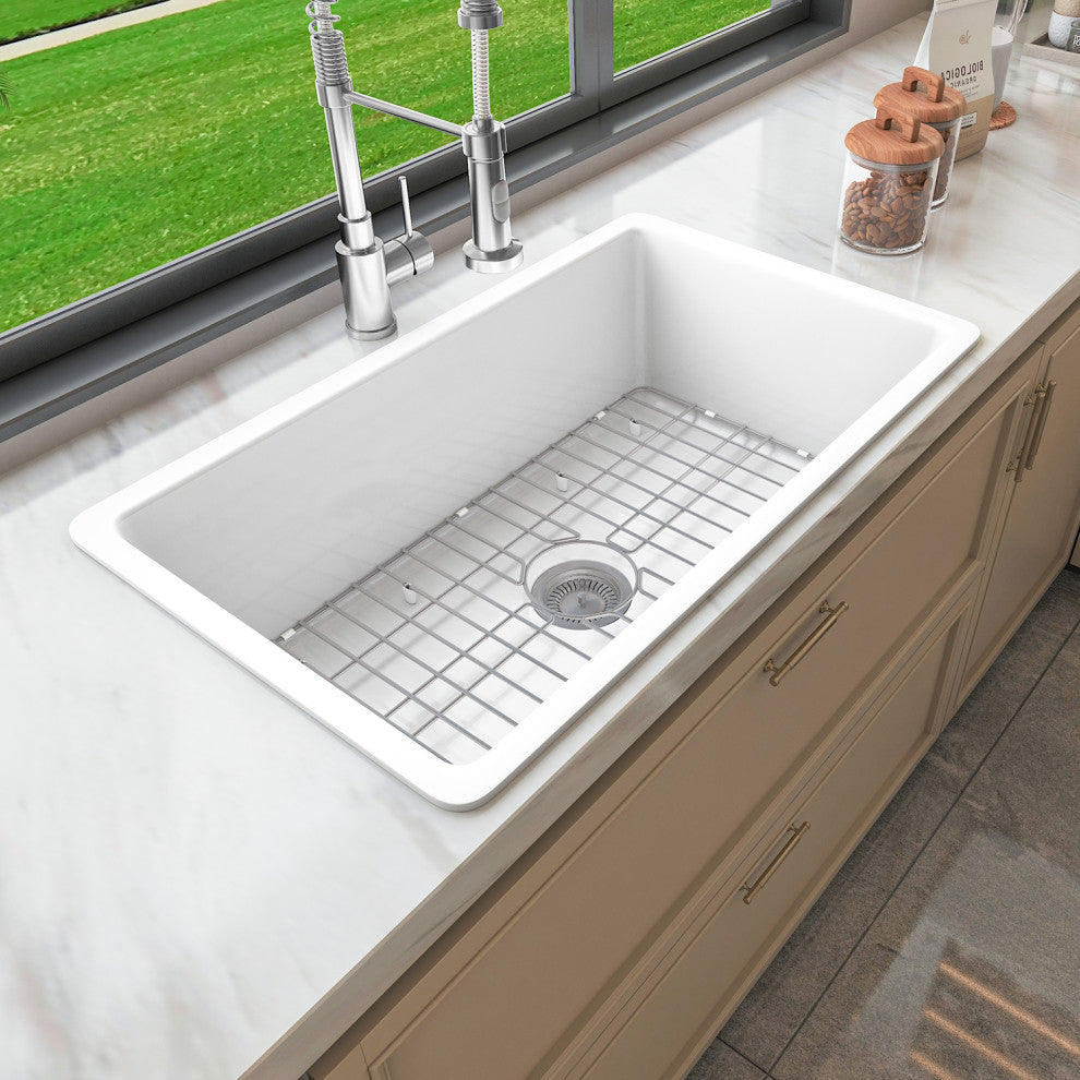 Sinber 32" Drop in Single Bowl Kitchen Sink with Fireclay White Finish