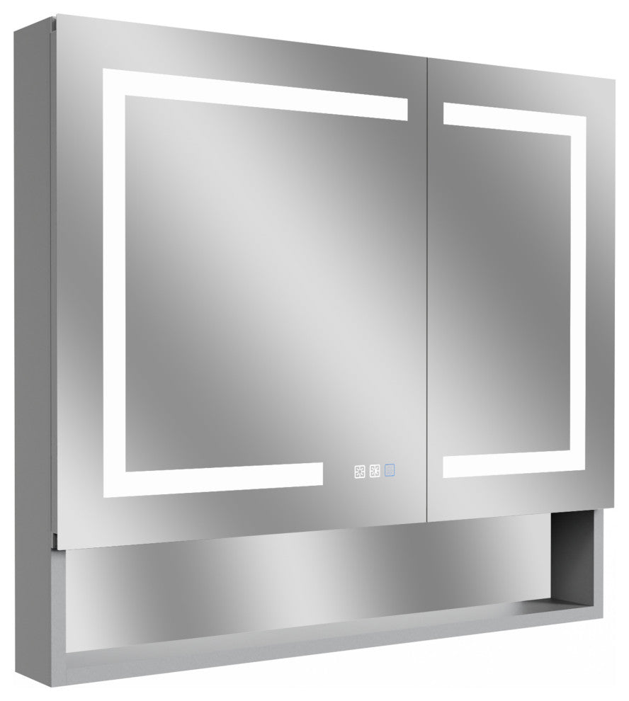Aluminum Surface/Recessed Mount Medicine Cabinet with Mirror, Outlet and Lights, Sliver, 36" X32" in
