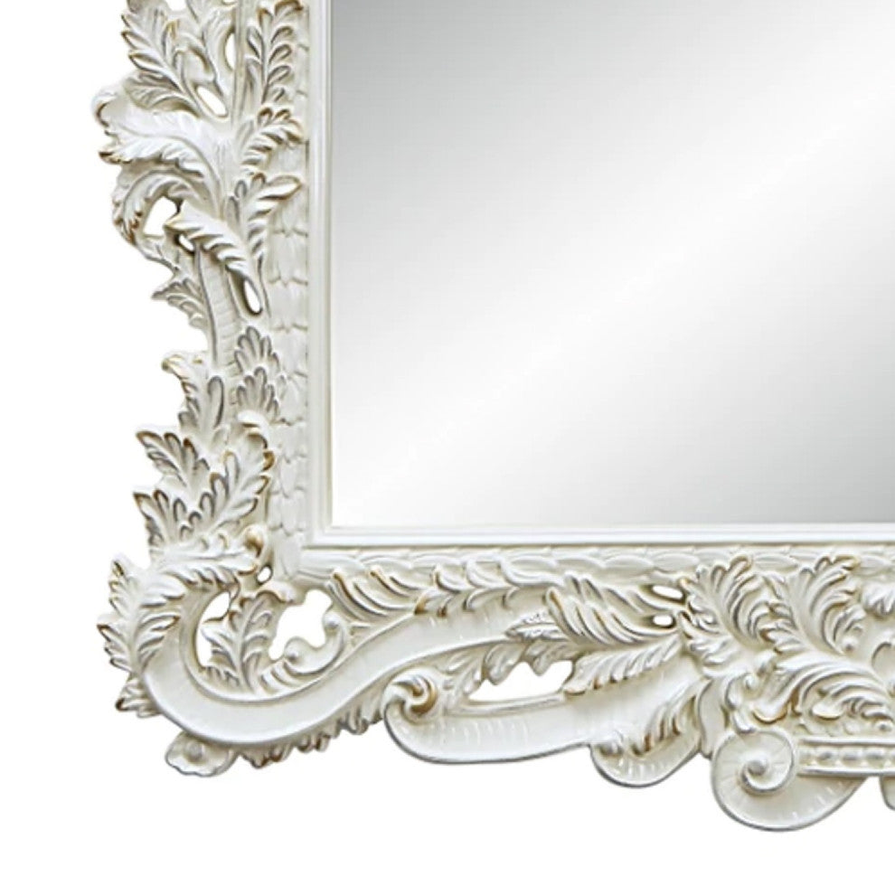 Benzara BM275672 Classic Ornate Carved Mirror, Crowned Top Frame, Wood, White