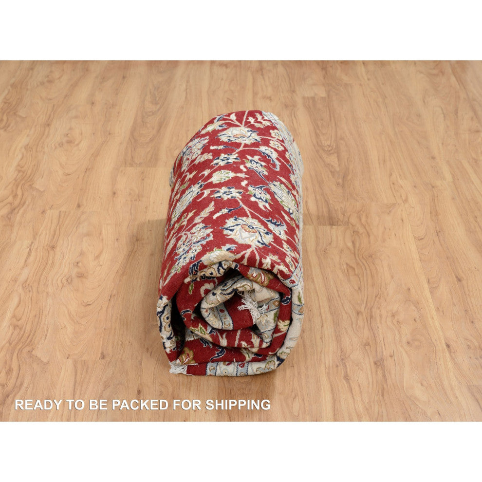 Cherry Red, Hand Knotted Nain, 250 KPSI Wool and Silk Round Rug, 9'1"x9'1"