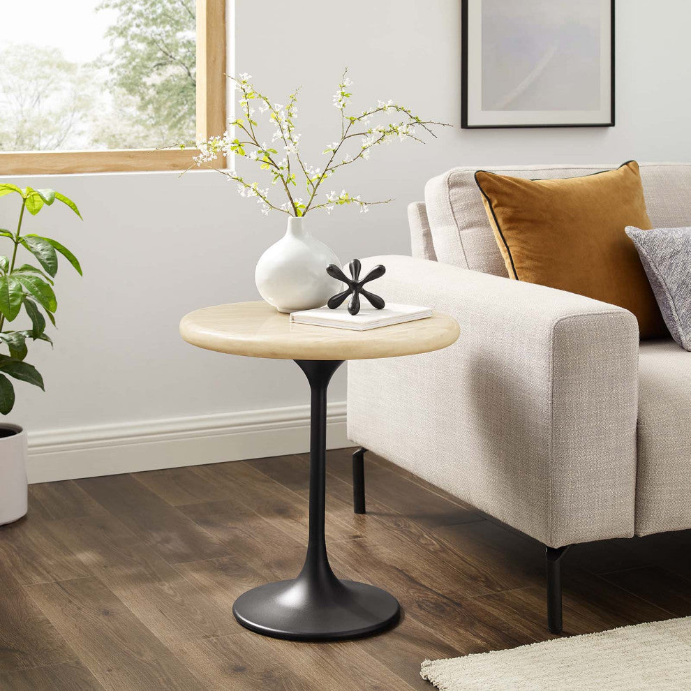 Lippa 20" Round Artificial Travertine Side Table, Black Travertine