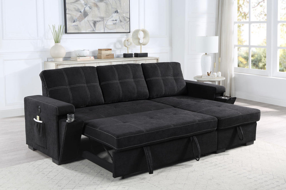 Toby Woven Fabric Reversible Sleeper Sectional, Storage, Cupholder, Black