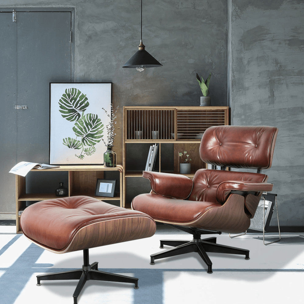 35" Brown Tufted Genuine Leather Swivel Lounge Chair With Ottoman