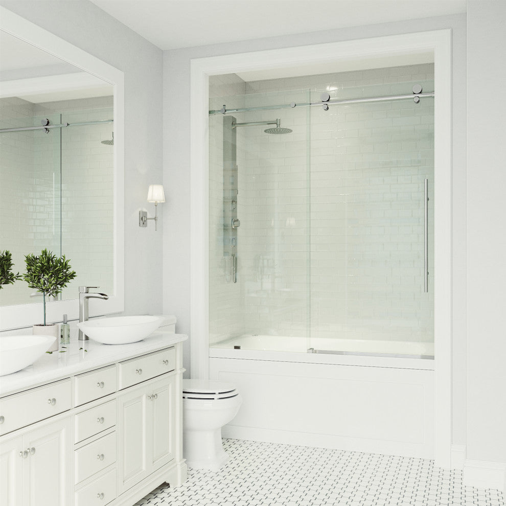 VIGO Elan E-Class 56" to 60" W x 66" H Frameless Sliding Tub Door, Chrome, Clear Glass