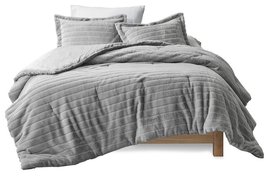 Madison Park Amara Striped Faux Fur Plush Comforter Mini Set, Grey, Grey, King/C
