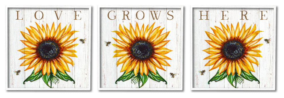 Love Grows Here Phrase Yellow Sunflowers Honey Bees,3pc, each 12 x 12