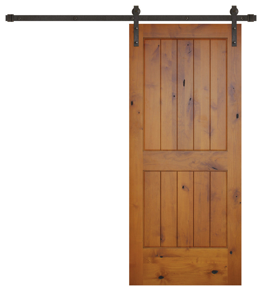 Prefinished Interior Knotty Alder 2 Panel V-Groove Barn Door, Bronze