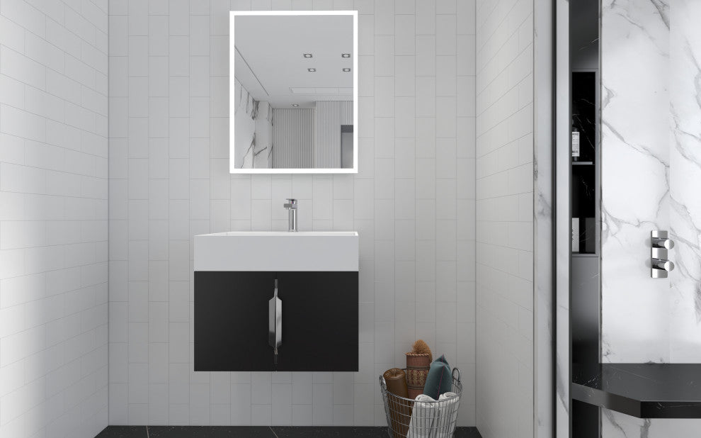 CastelloUSA Amazon 24" Wall Mounted Bathroom Vanity Set, Black, White Top, Chrome Handles