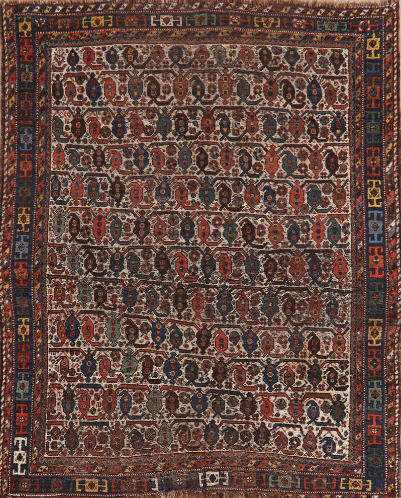 Consigned, Oriental Antique Traditional Handmade Persian Area Rug, Beige, 5x6