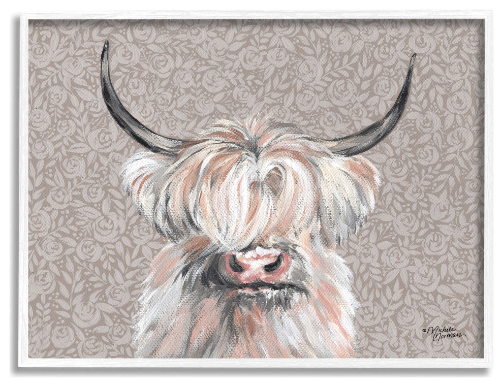Grumpy White Buffalo on Floral Print Farm Animal, 14 x 11