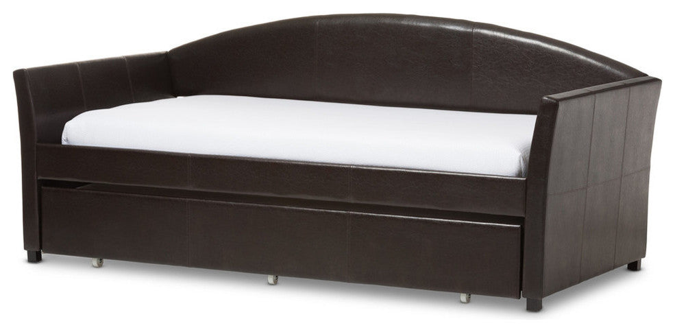London Faux Leather Arched Back Sofa Twin Daybed With Trundle Bed, Brown