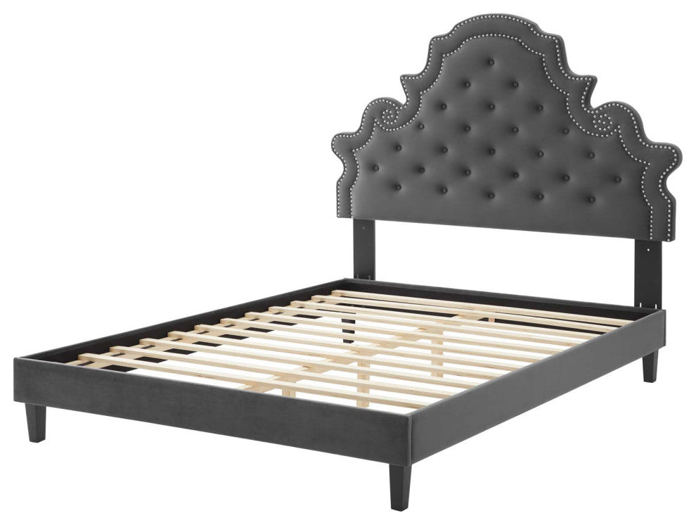 Tufted Platform Bed Frame, Queen Size, Velvet, Gray, Modern Contemporary