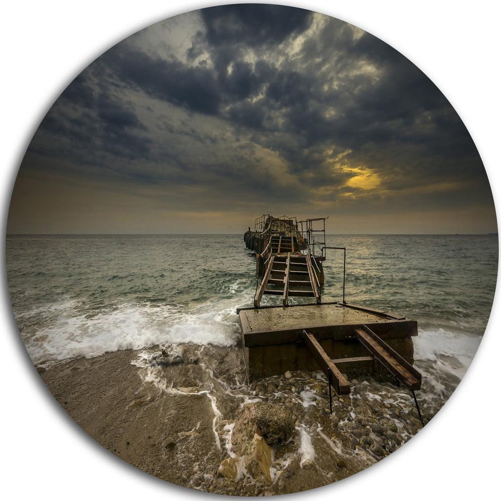 Ruined Wooden Pier For Boats At Sunset, Sea Bridge Round Wall Art, 11"