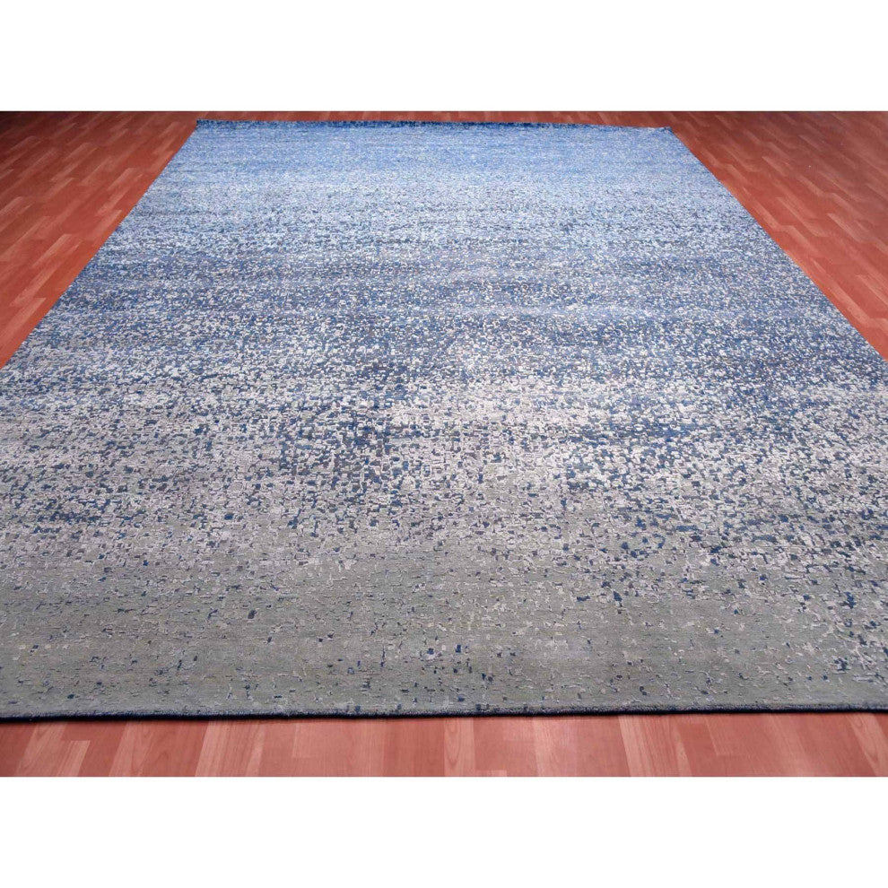 Denim Blue, Pure Silk and Wool, Modern Hand Knotted Oversized Rug, 12'0"x15'0"