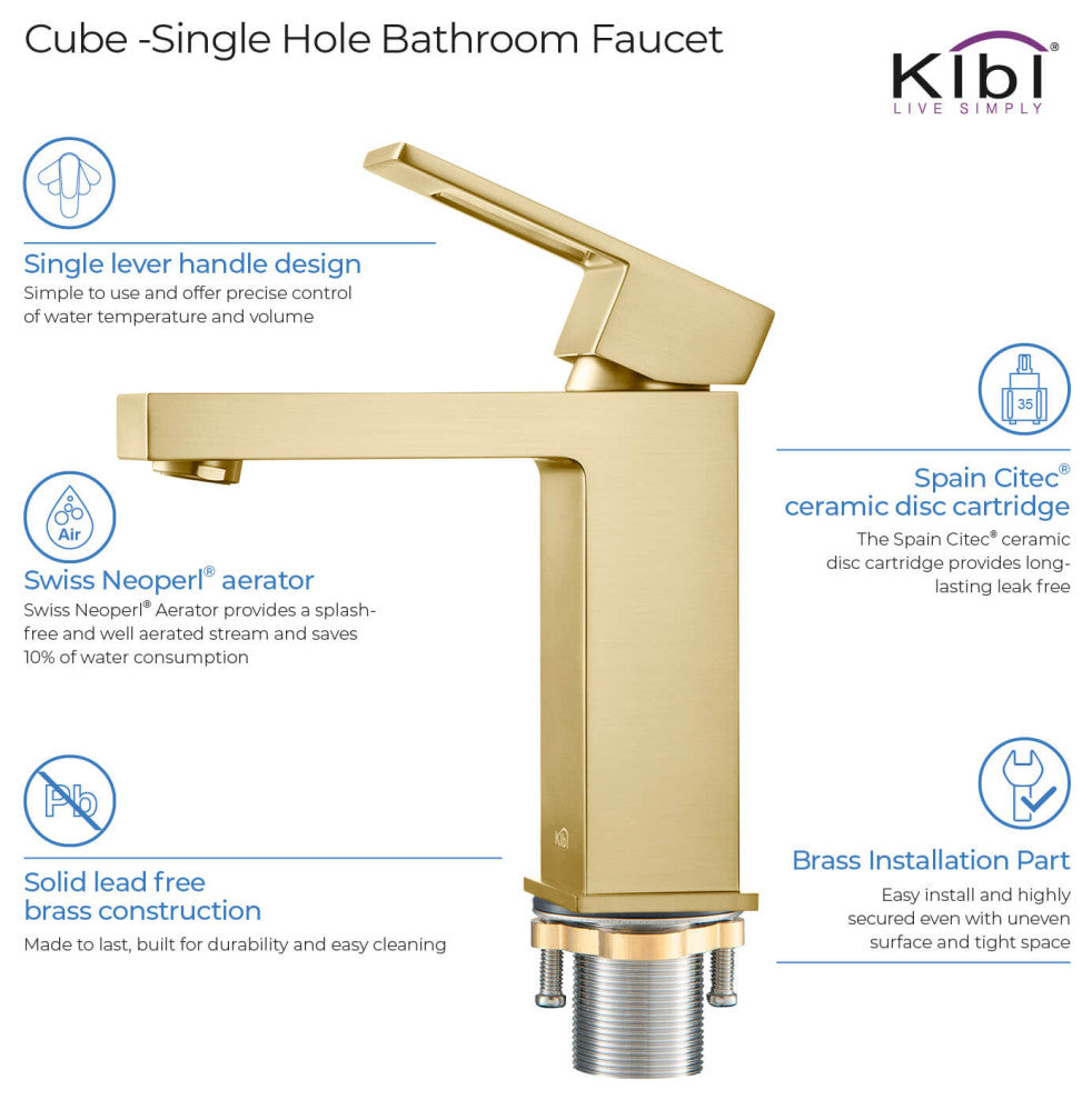 Cubic Single Hole Bathroom Faucet KBF1002, Brush Gold, W/ Drain