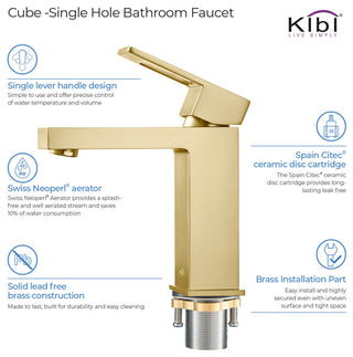 Cubic Single Hole Bathroom Faucet KBF1002, Brush Gold, with Drain