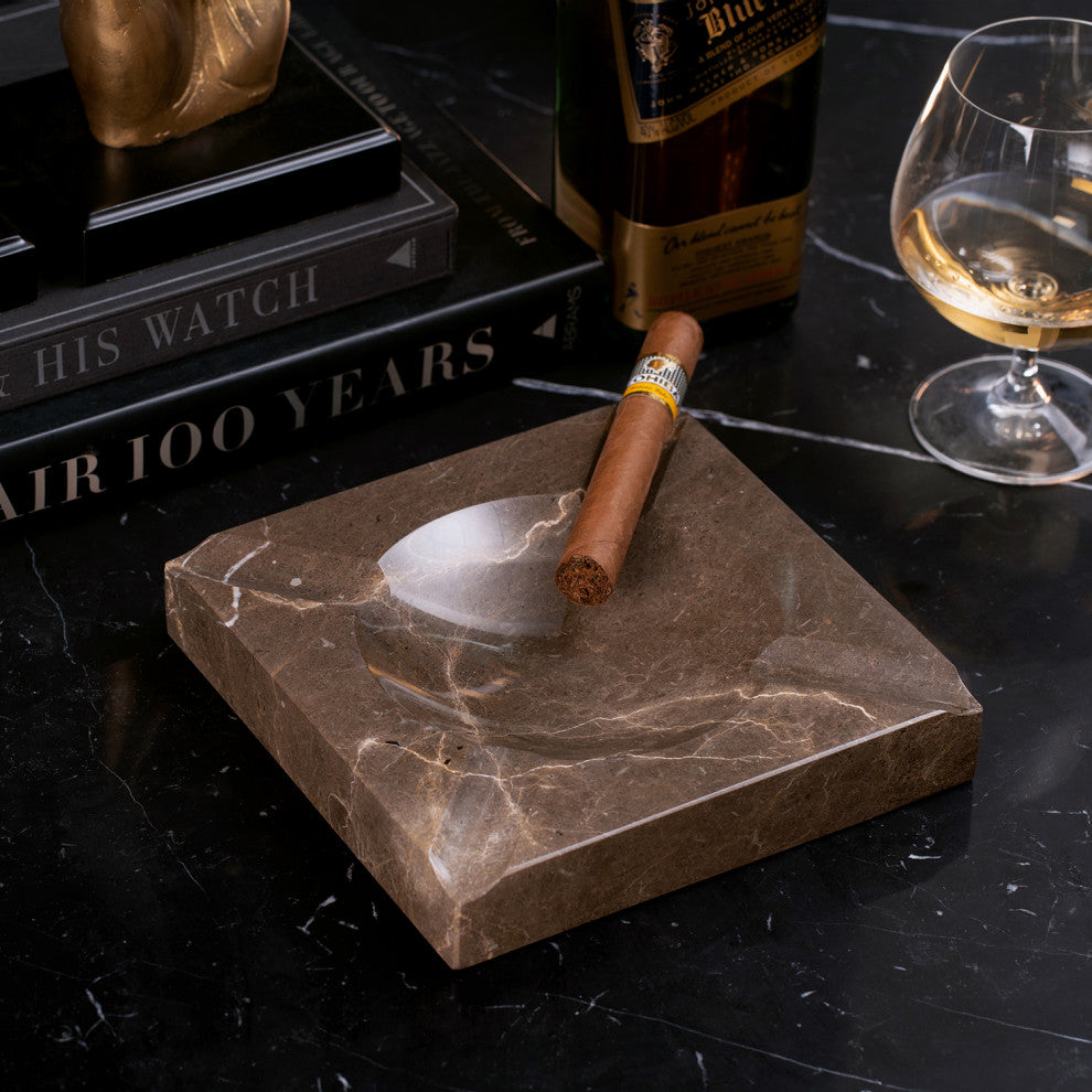 Handcrafted Genuine Marble 4 Cigar Ashtray, Amber Emperador Marble