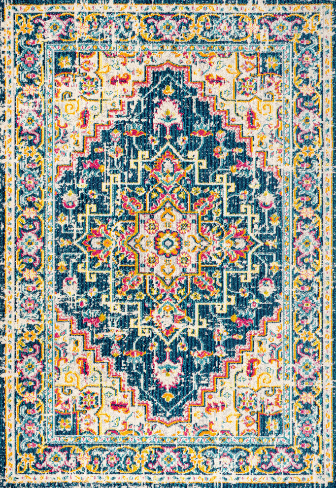 Brooklyn Geometric Medallion Area Rug, Blue/Beige, 4 X 6