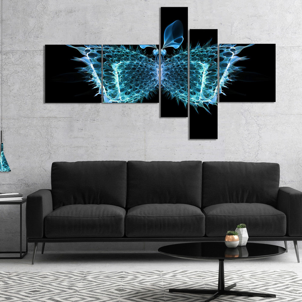Blue Fractal Butterfly in Dark, Abstract Canvas Art Print, 60"x32", 5 panels