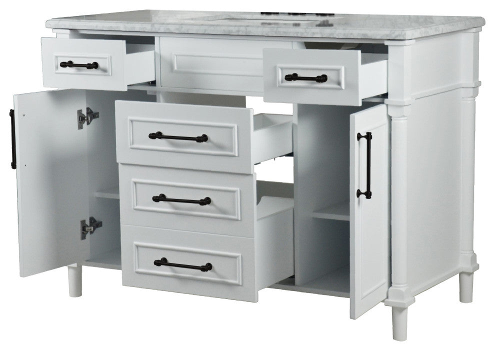 48" Single Vanity, White With White Carrara Marble Top