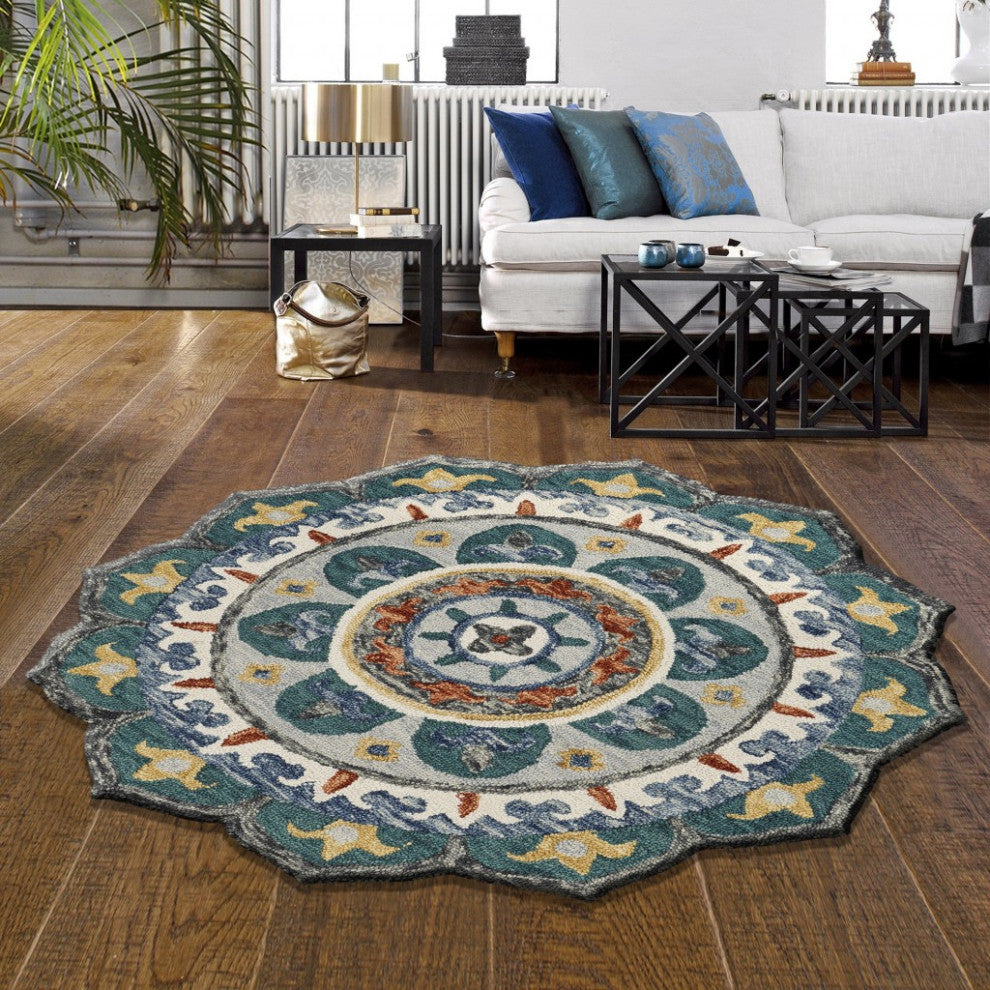 4" Round Teal Decorative Floral Area Rug