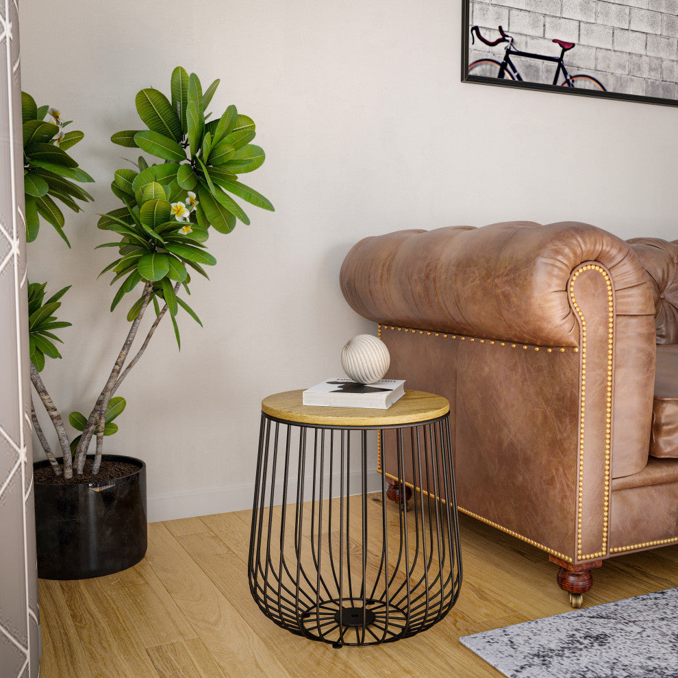LeisureMod Runswick Modern Wood Top End Table With Metal Base, Natural Wood