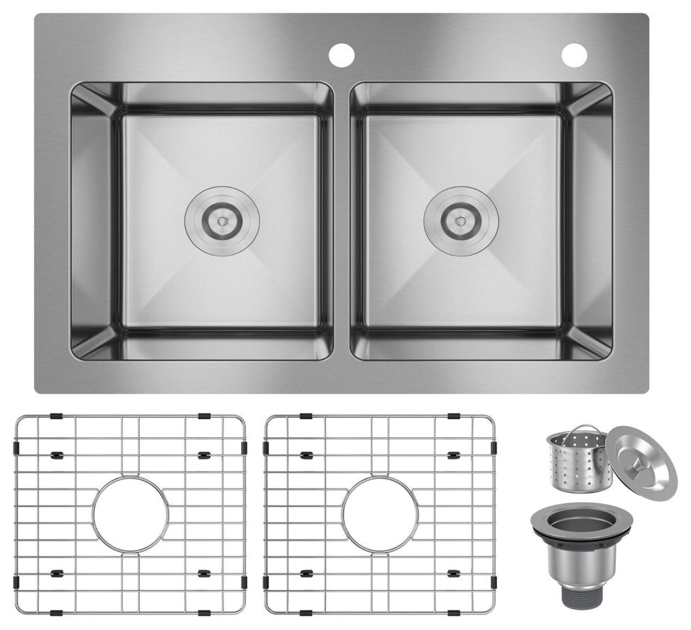 33in Drop-In Single and Double Bowl 18 Gauge Stainless Steel Kitchen Sink, Double