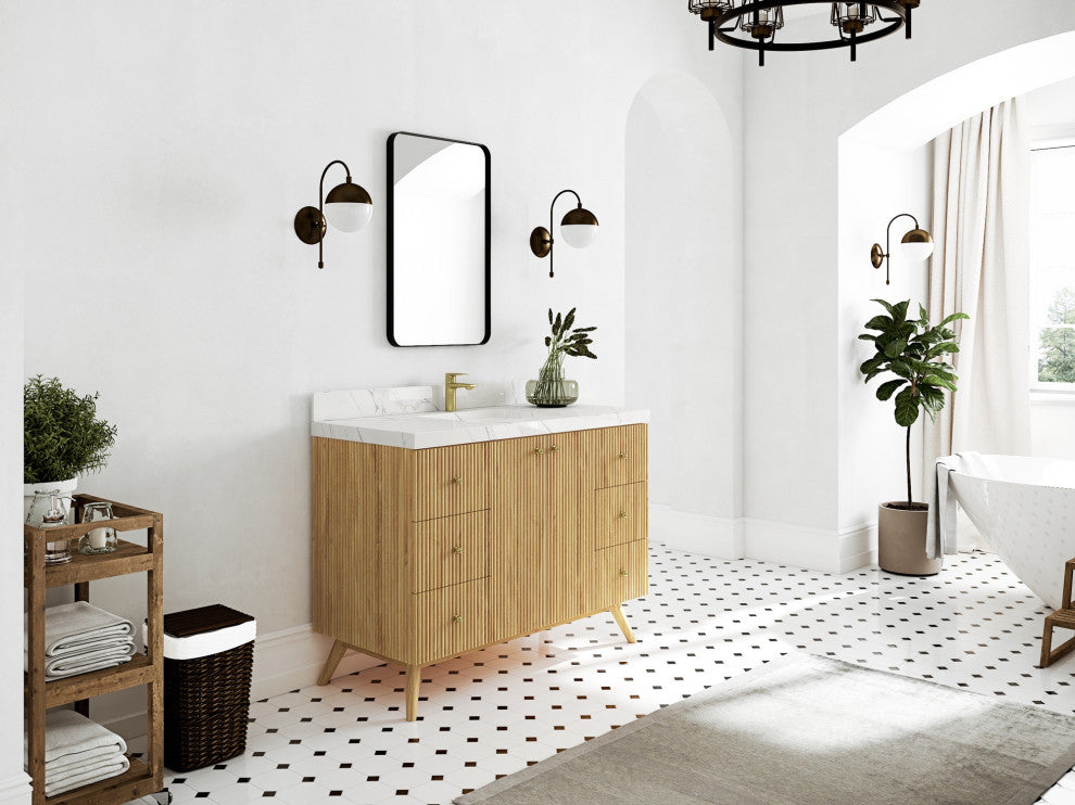 Pasadena 48 Single Sink Bath Vanity in Light Natural Teak 2" Viola Gold
