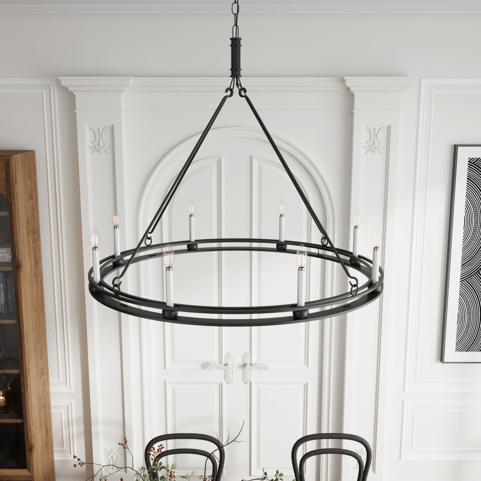 Industrial Black 8-Light Large Round Candle Chandelier for Dining Room