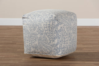 Geneva Ivory and Blue Handwoven Paisley Pouf Ottoman