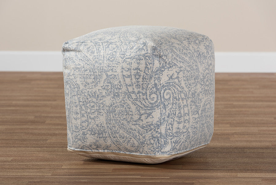 Geneva Ivory and Blue Handwoven Paisley Pouf Ottoman
