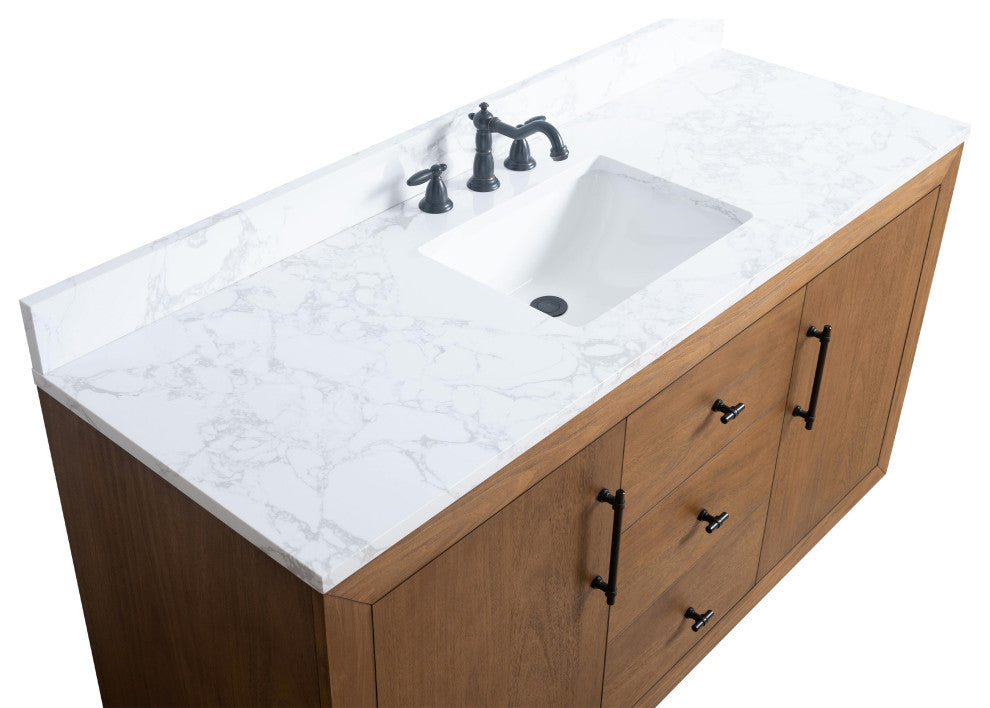Vanity Art Bathroom Vanity With Sink, Tan, 60" Single, Arabescato White Engineered Marble Top