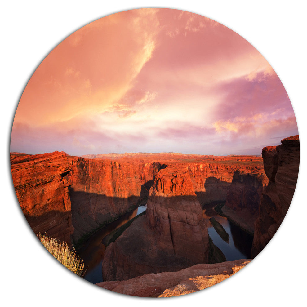 Horse Shoe Bend Under Cloudy Sky, Landscape Disc Metal Artwork, 11"