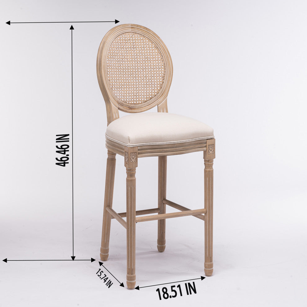 Elegant French High-Bar Chairs with Rattan Mesh Backrest and Solid Wood Frame, Cream Beige